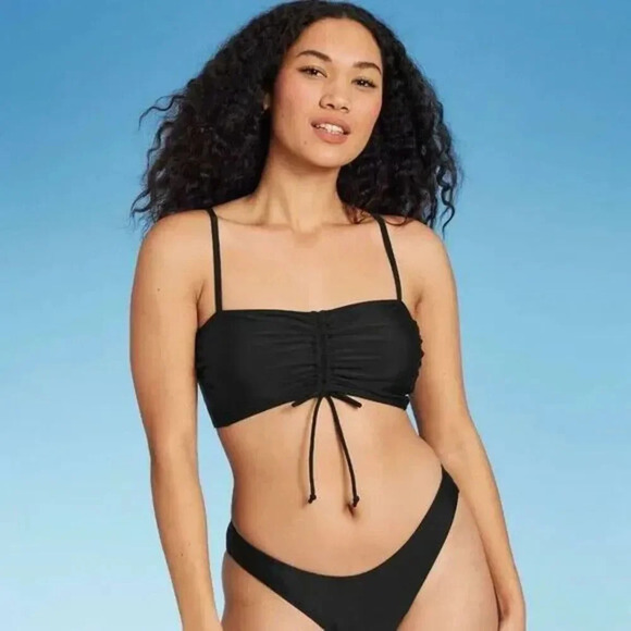 Xhilaration Ruched Bandeau Bikini Top Black Medium Drawstring Front NWOT - Picture 1 of 4